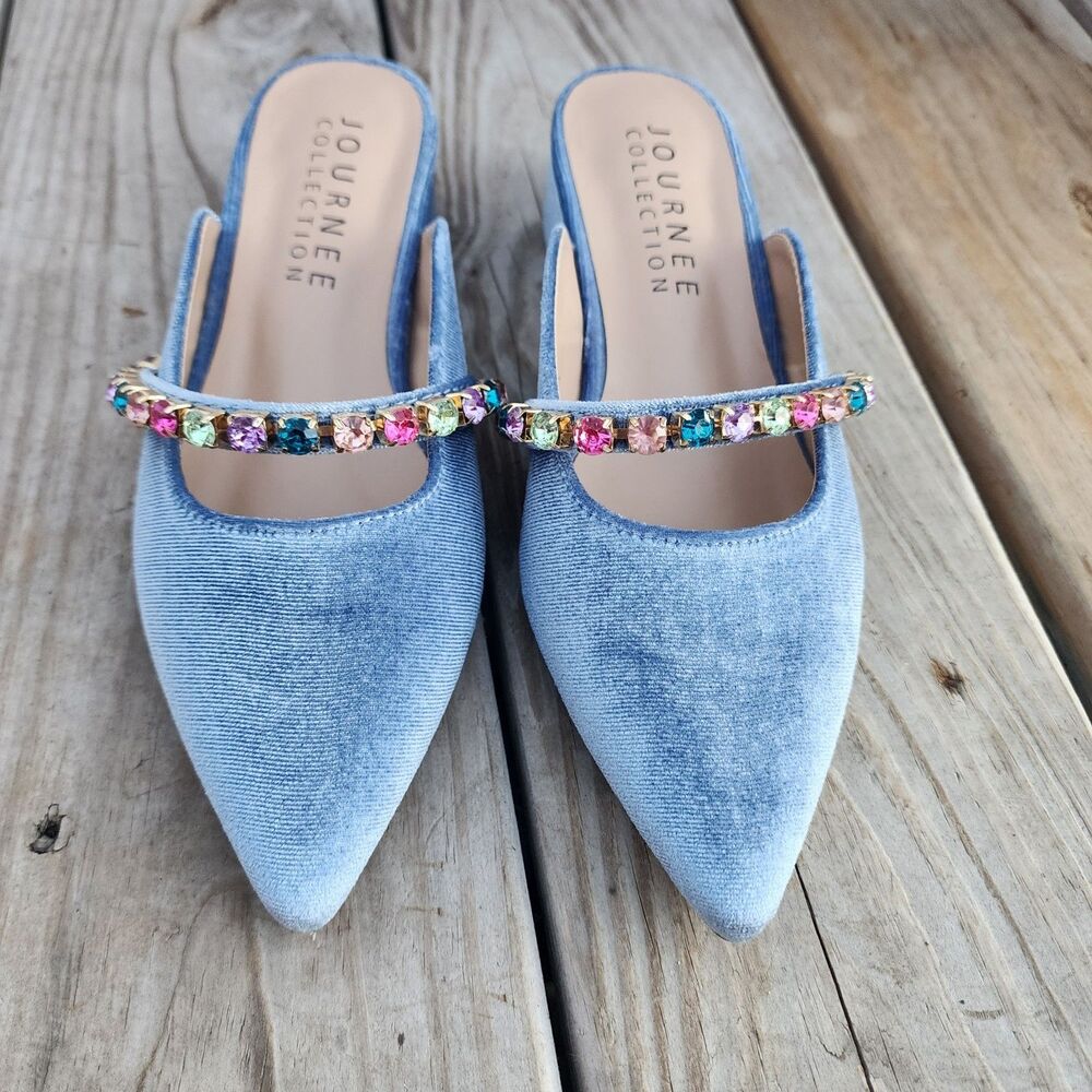 New In Box Journee Collection Light Blue Velor Embellished Jewelled Mules Sz 5.5 - Picture 2 of 16